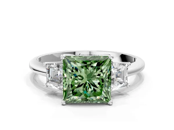 Fancy Green Princess Cut Diamond Three-Stone Ring with Trapezoid Side Stones and Prong Setting Platinum