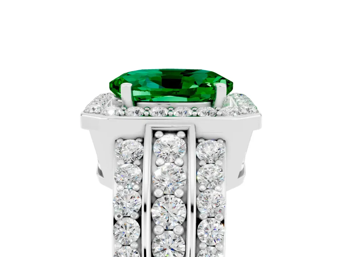Oval Cut Halo Emerald Ring with Round Split Shank and Prong Setting Silver