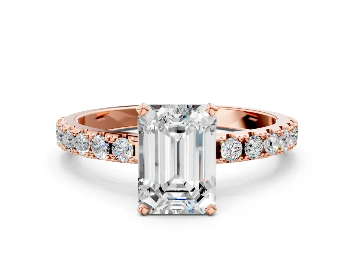 Emerald Cut Diamond Solitaire Pavé Band with Four-Prong Setting Rose gold