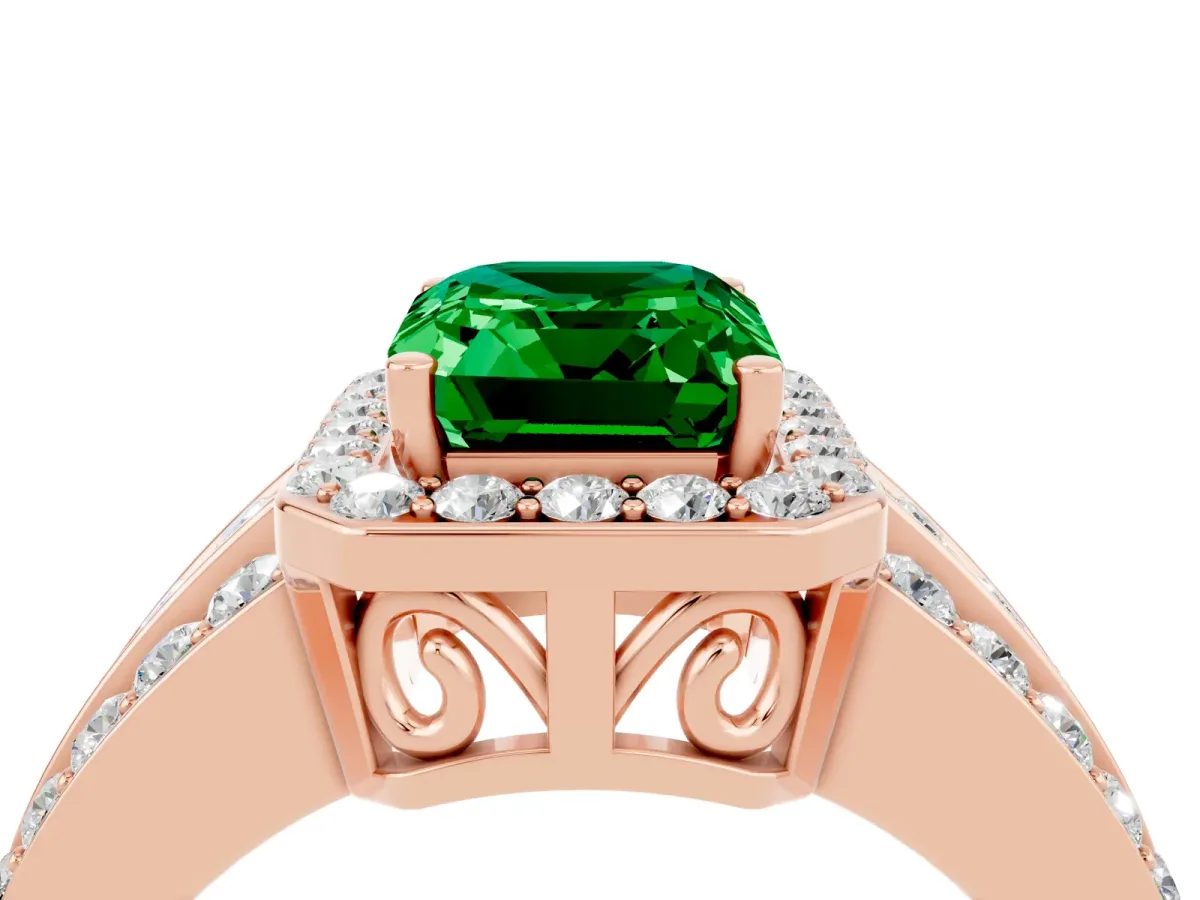 Emerald Cut Halo Emerald Ring with Round Split Shank and Prong Setting Rose gold