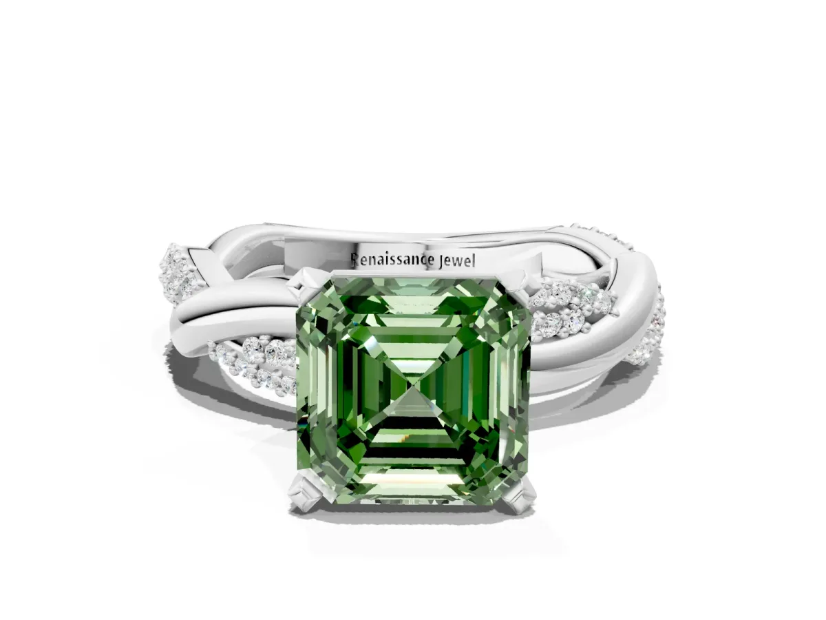 Fancy Green Asscher Cut Solitaire Twist Band with Pave Prong Setting Platinum
