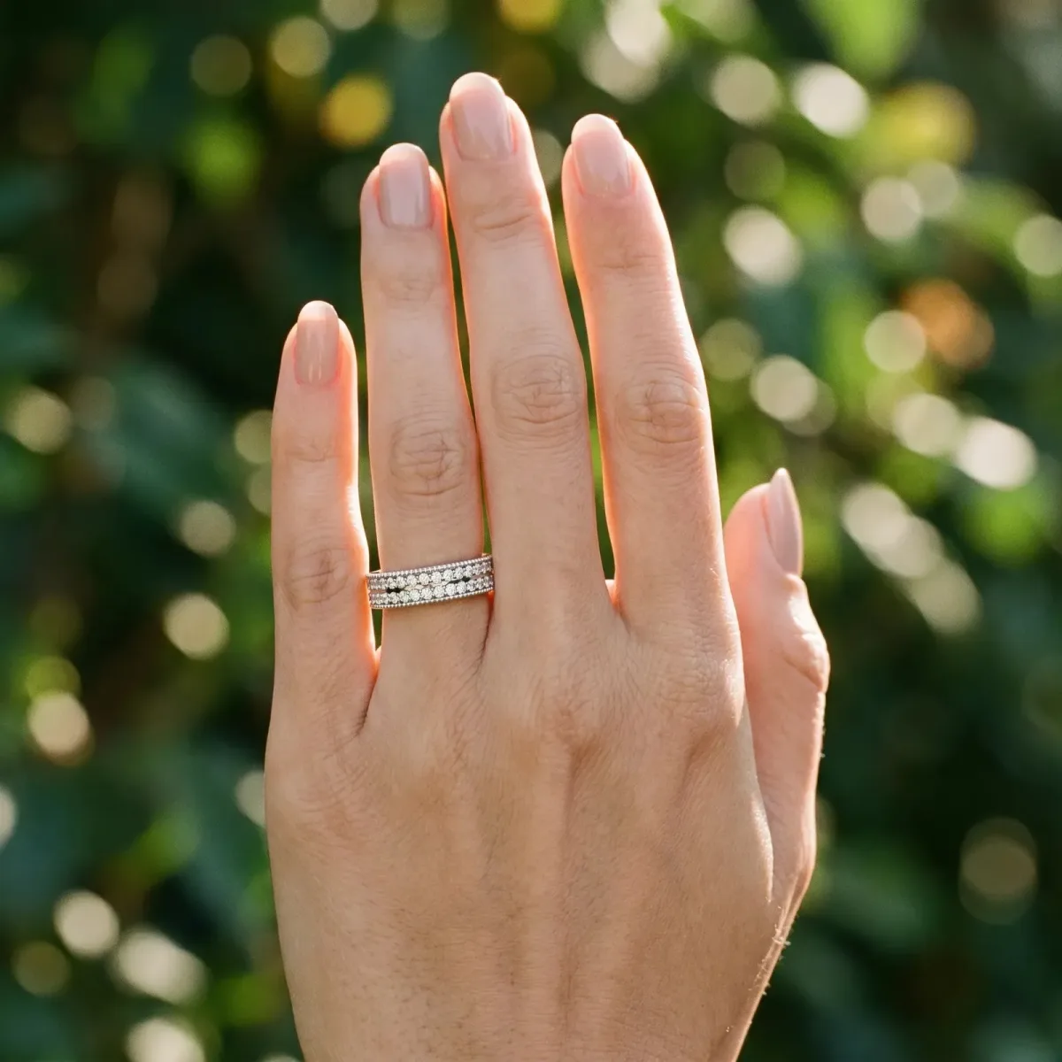 Pavé Round Diamond Eternity Band with Milgrain Edge Silver