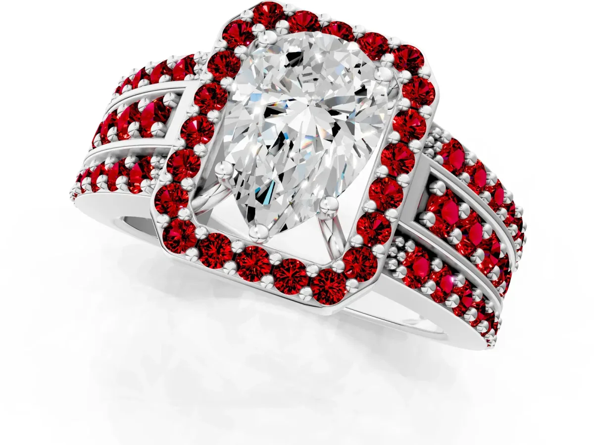 Pear Cut Halo Diamond Ring with Round Ruby Split Shank and Prong Setting Platinum