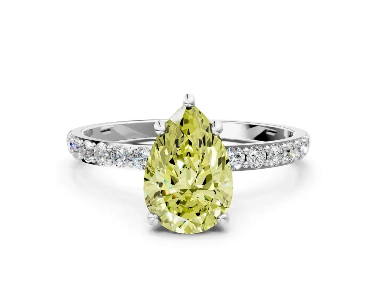 Fancy Yellow Pear Cut Diamond Solitaire Ring with Round Pavé Band and Prong Setting Silver