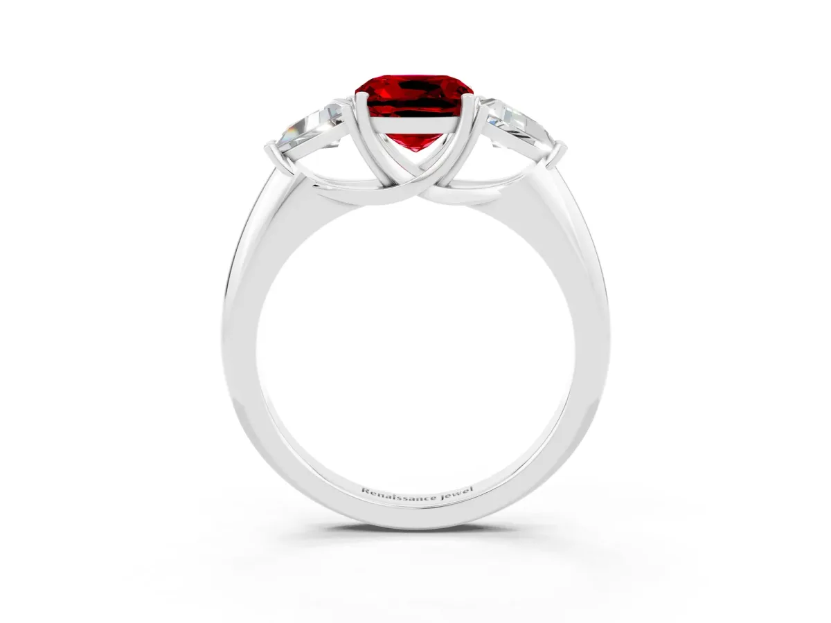 Three-Stone Cushion Cut Ruby Engagement Ring with Trillion Side Stones and Prong Setting White gold