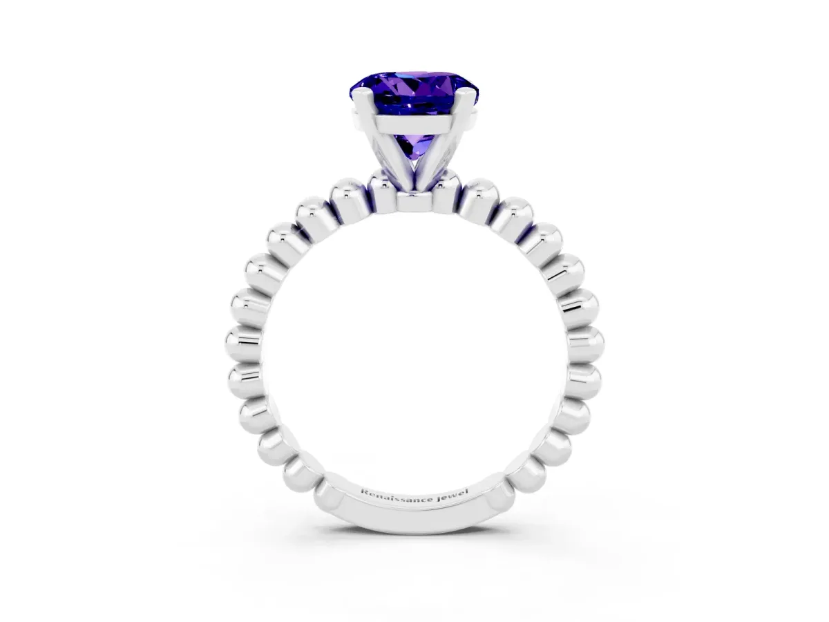 Round Cut Tanzanite Solitaire Ring with Beaded Band and Prong Setting Silver