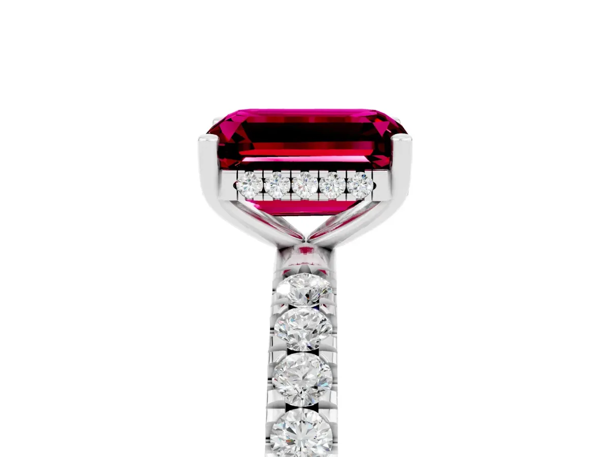 Emerald Cut Garnet Pave Band Solitaire Ring with Round and Prong Setting Platinum