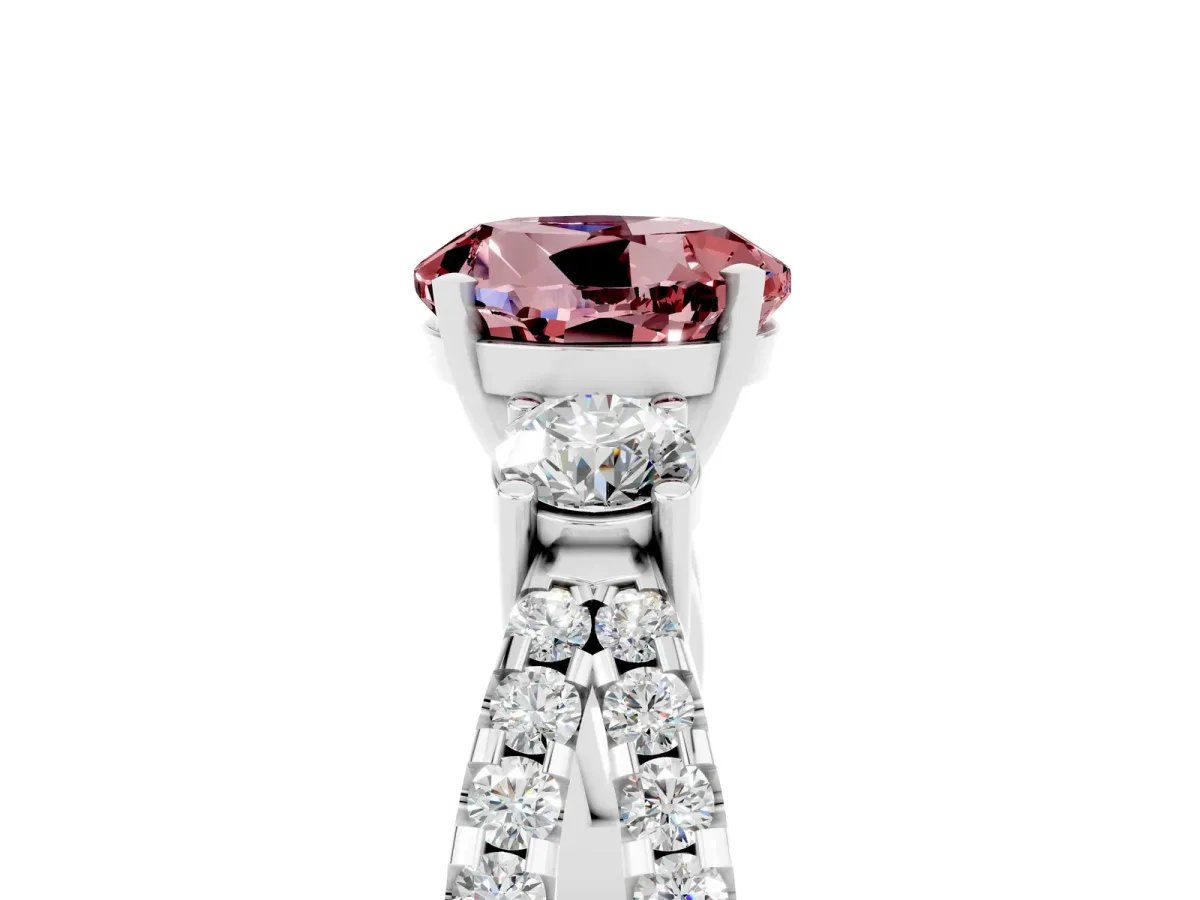 Round Cut Morganite Three-Stone Ring with Pavé Split Shank and Four-Prong Setting Silver