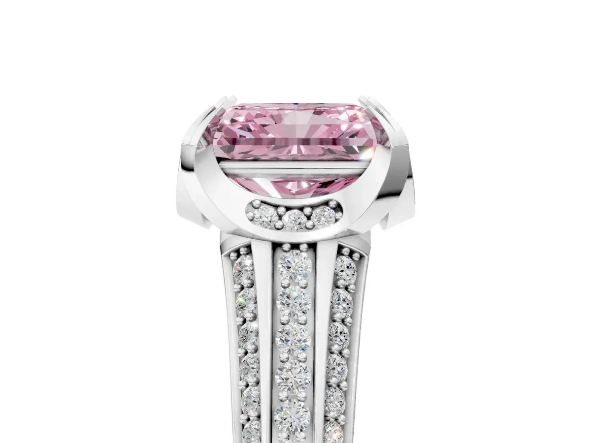 Fancy Pink Radiant Cut Solitaire Pave Split Shank Ring with Four-Prong Setting Platinum
