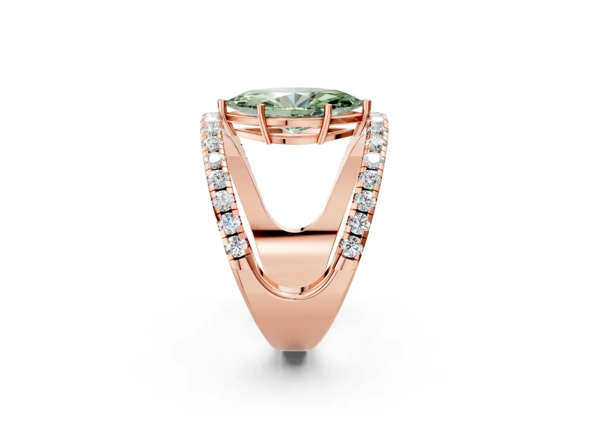 Fancy Green Marquise Cut Solitaire Split Shank Pave Diamond Ring Rose gold