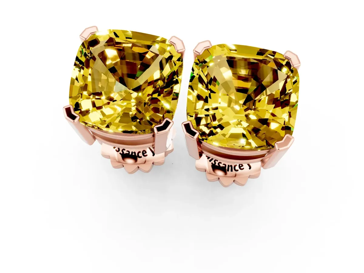Cushion Cut Yellow Sapphire Stud Earrings Rose gold