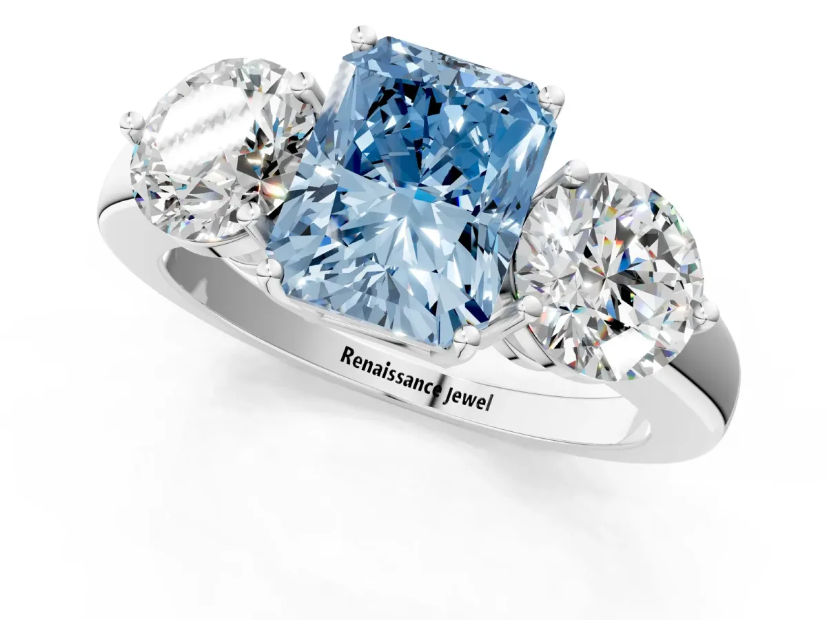 Fancy Blue Radiant Cut Diamond Three-Stone Ring with Prong Setting and Classic Band Platinum