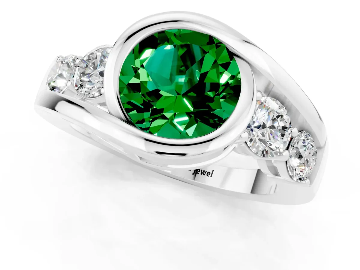 Bezel Set Round Cut Emerald Bypass Ring with Round Accents Silver