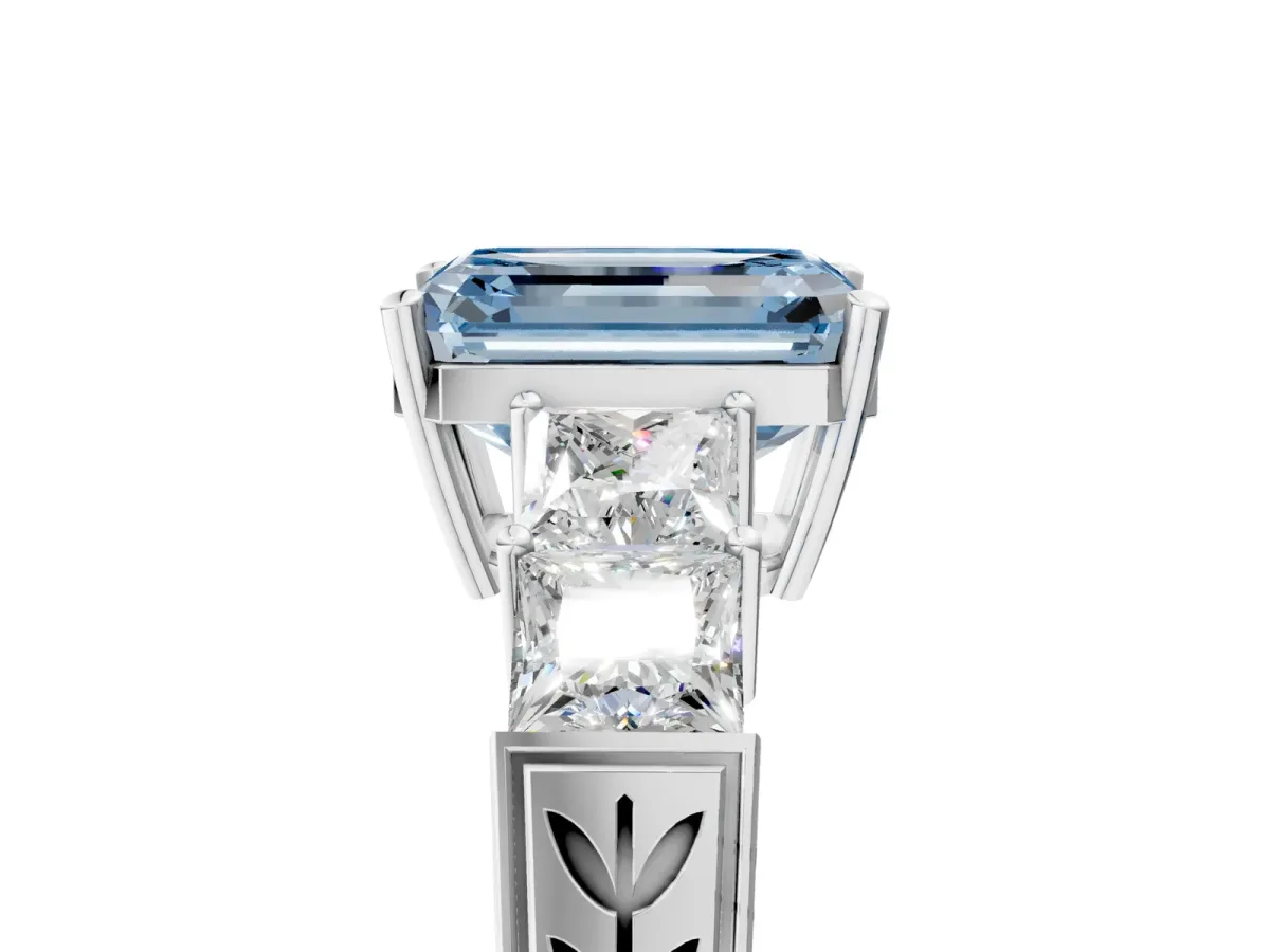 Fancy Blue Emerald Cut Solitaire Princess Side Stone Engraved Band Prong Setting Ring Silver
