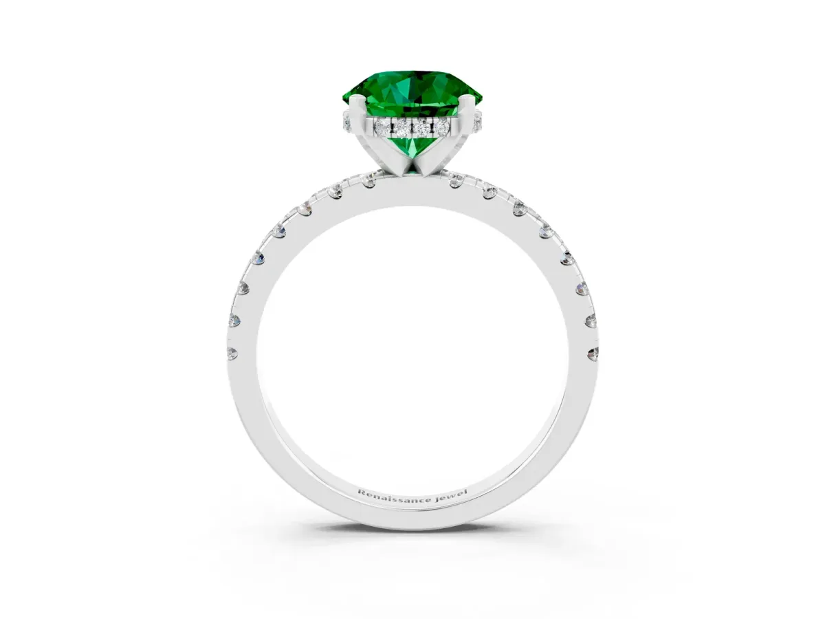 Round Cut Emerald Solitaire Ring with Round Pavé Band and Four-Prong Setting Silver