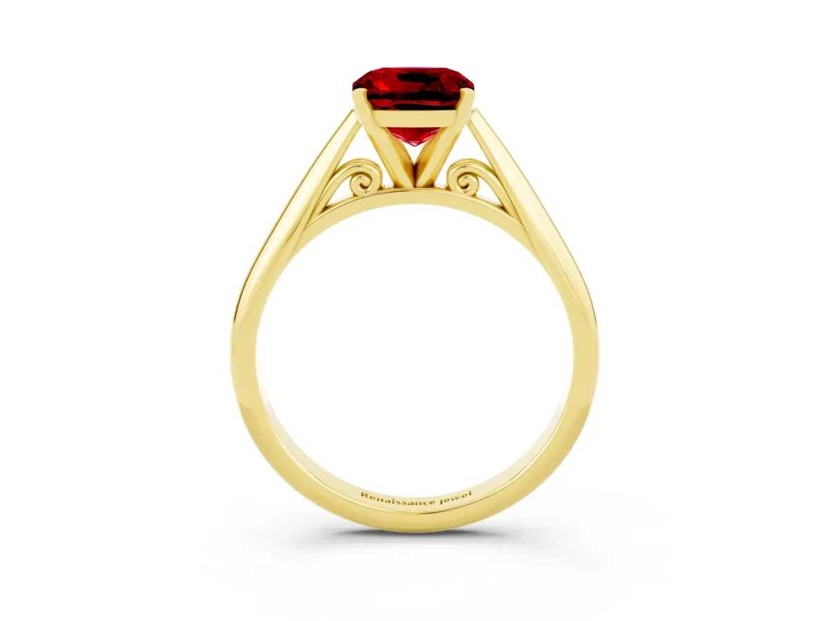 Cushion Cut Ruby Solitaire Engagement Ring with Cathedral Setting and Four-Prong Mount Yellow gold