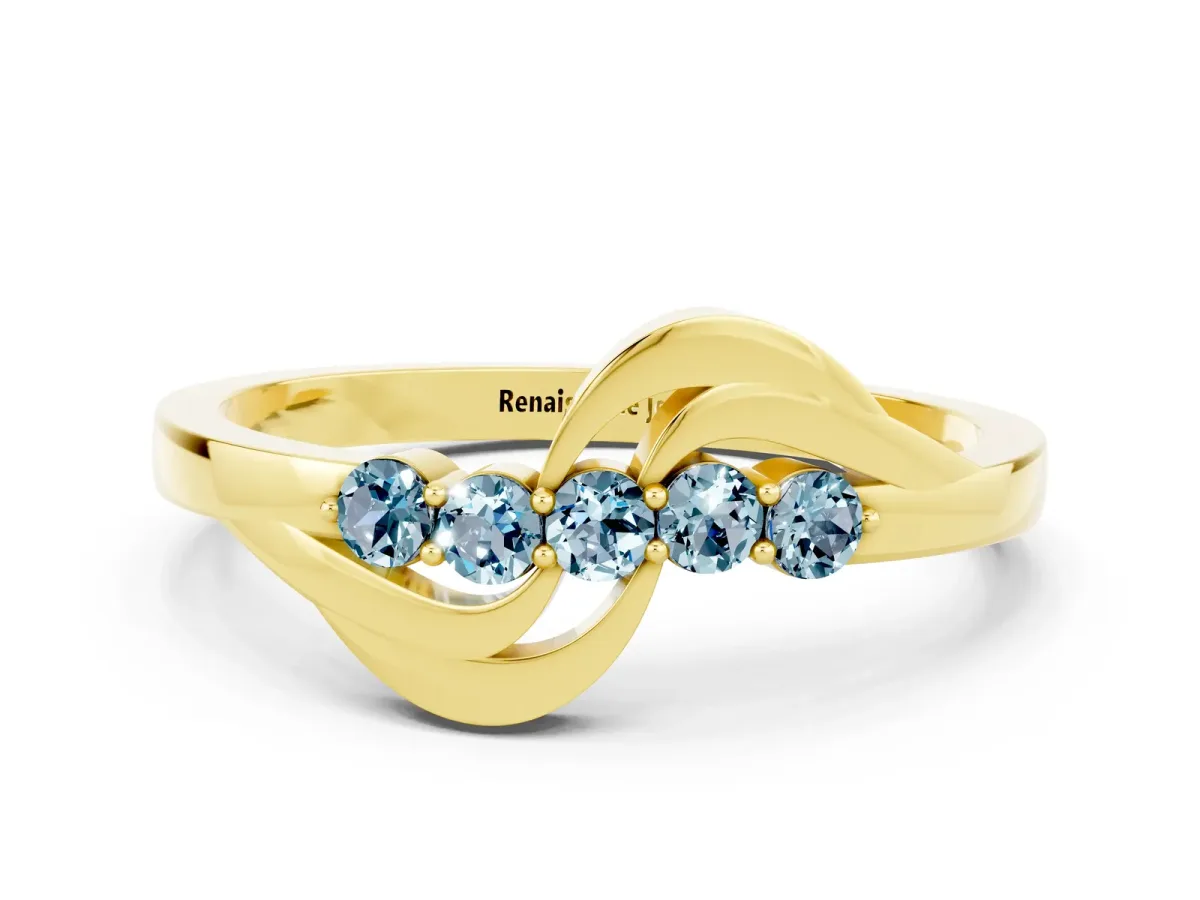 Five-Stone Round Aquamarine Crossover Band with Prong Setting Yellow gold