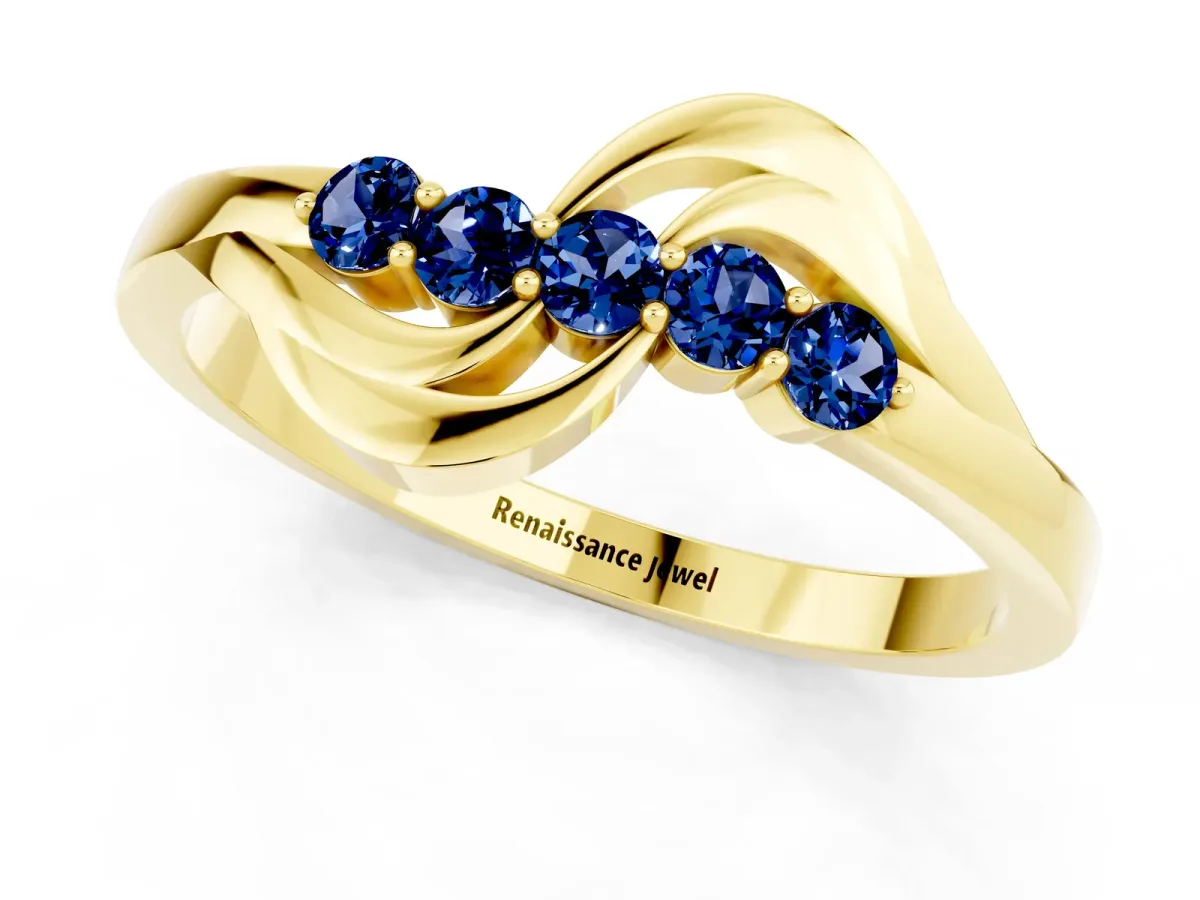 Five-Stone Round Blue Sapphire Crossover Band with Prong Setting Yellow gold