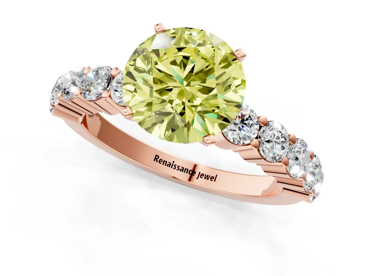 Fancy Yellow Round Cut Diamond Solitaire Ring with Shared Prong Round Side Stones Rose gold