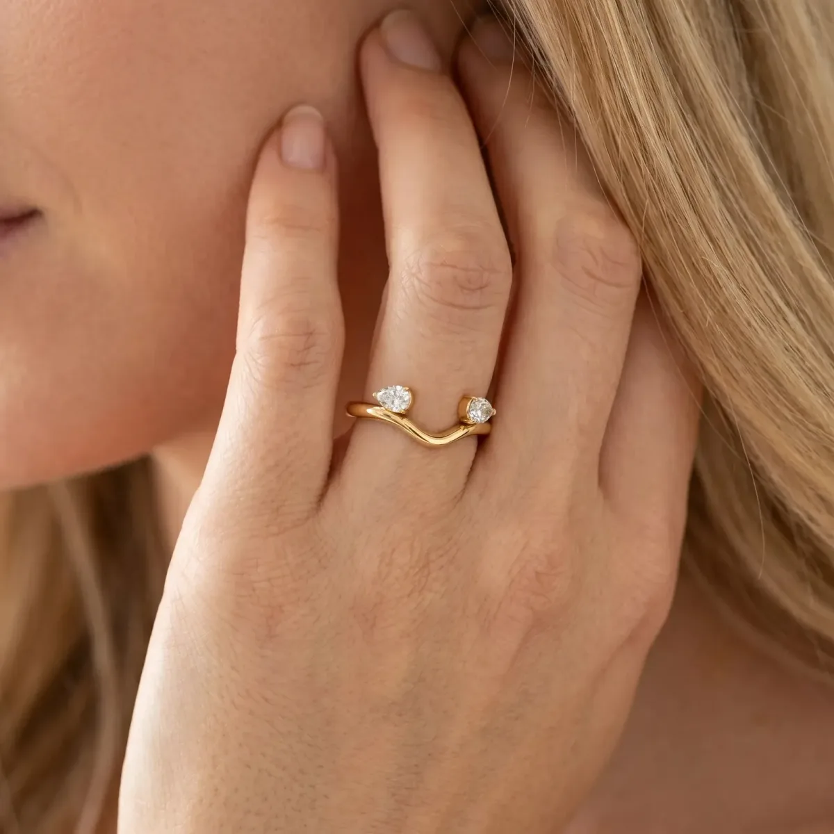 Pear Cut Diamond Two-Stone Open Band Ring with Prong Setting Yellow gold