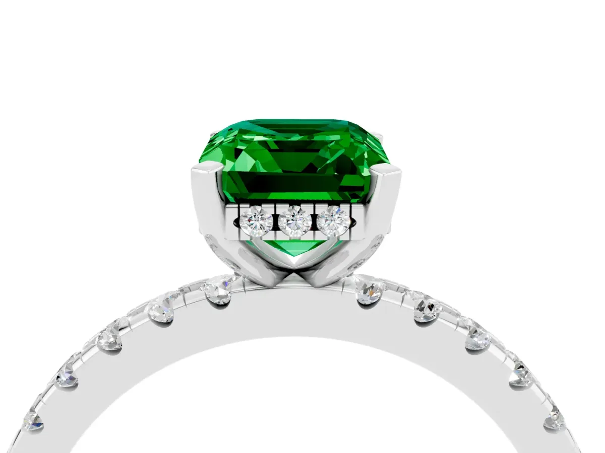 Emerald Cut Emerald Solitaire Ring with Round Pavé Band and Four-Prong Setting Silver