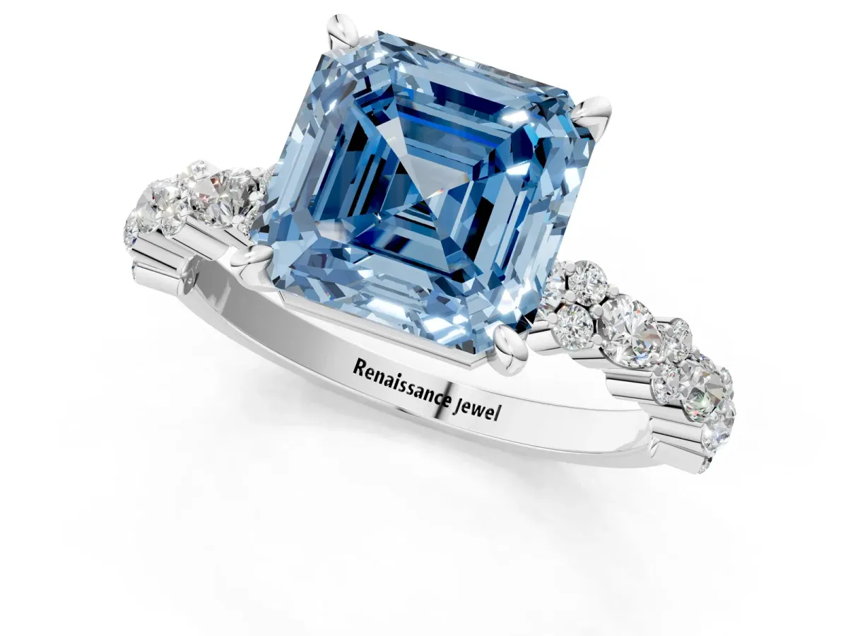 Fancy Blue Asscher Cut Diamond Side Stone Solitaire Ring with Round and Four-Prong Setting White gold