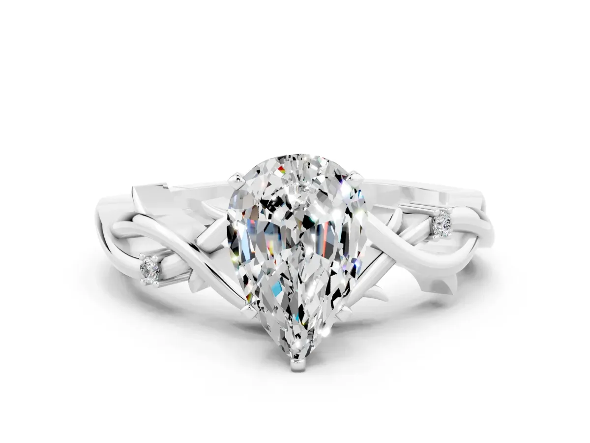 Pear Cut Moissanite Solitaire Ring with Twisted Band and Prong Setting Platinum