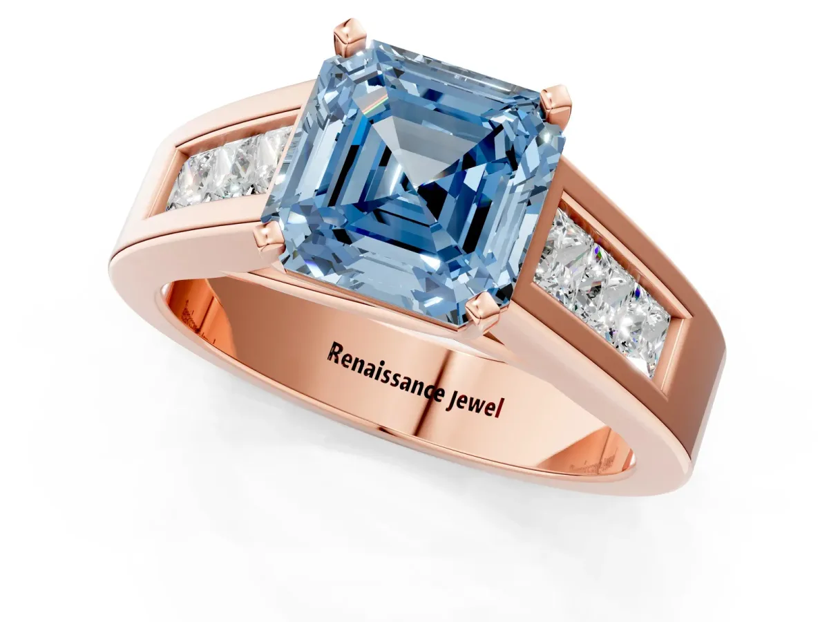 Fancy Blue Asscher Cut Cut Channel Set Solitaire Ring with Four-Prong Setting Rose gold