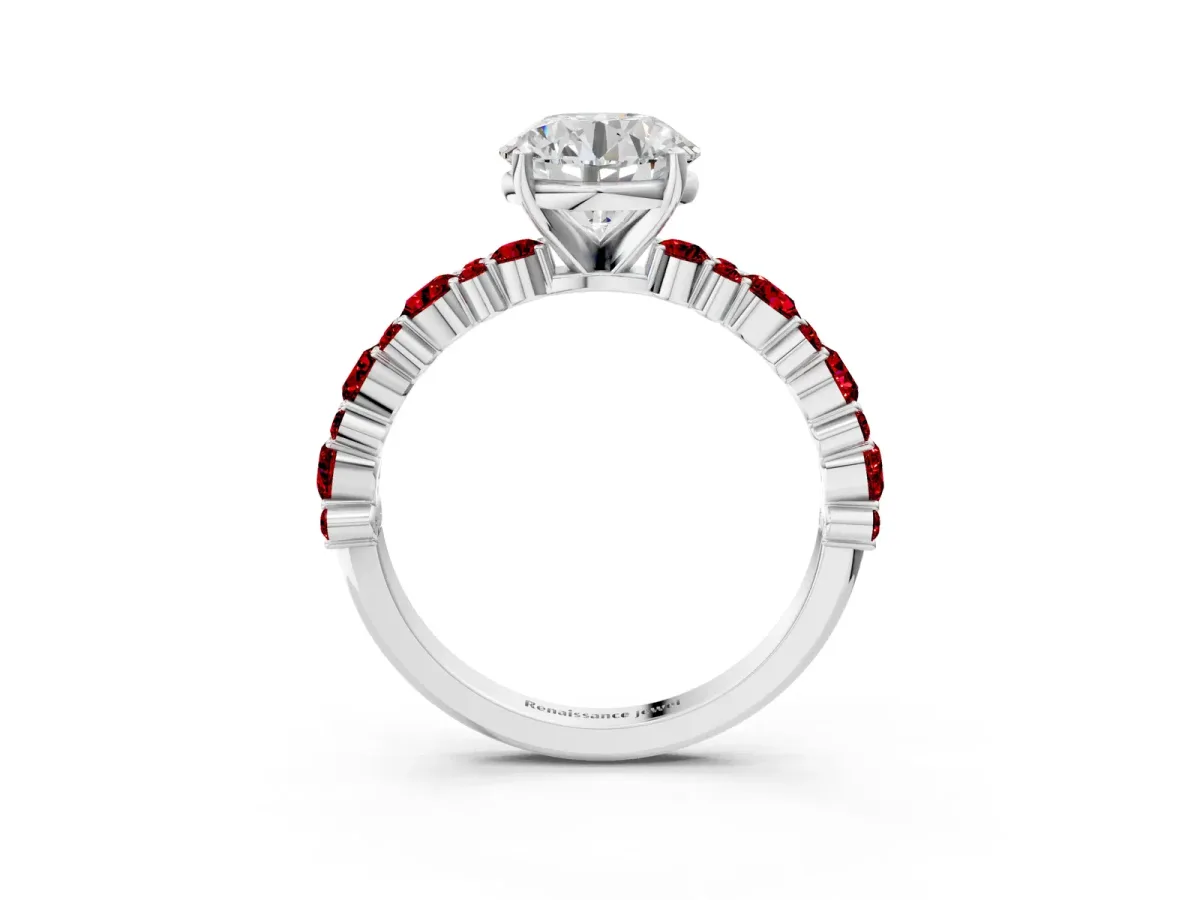 Round Cut Diamond Side Stone Solitaire Ring with Round Ruby and Four-Prong Setting Platinum