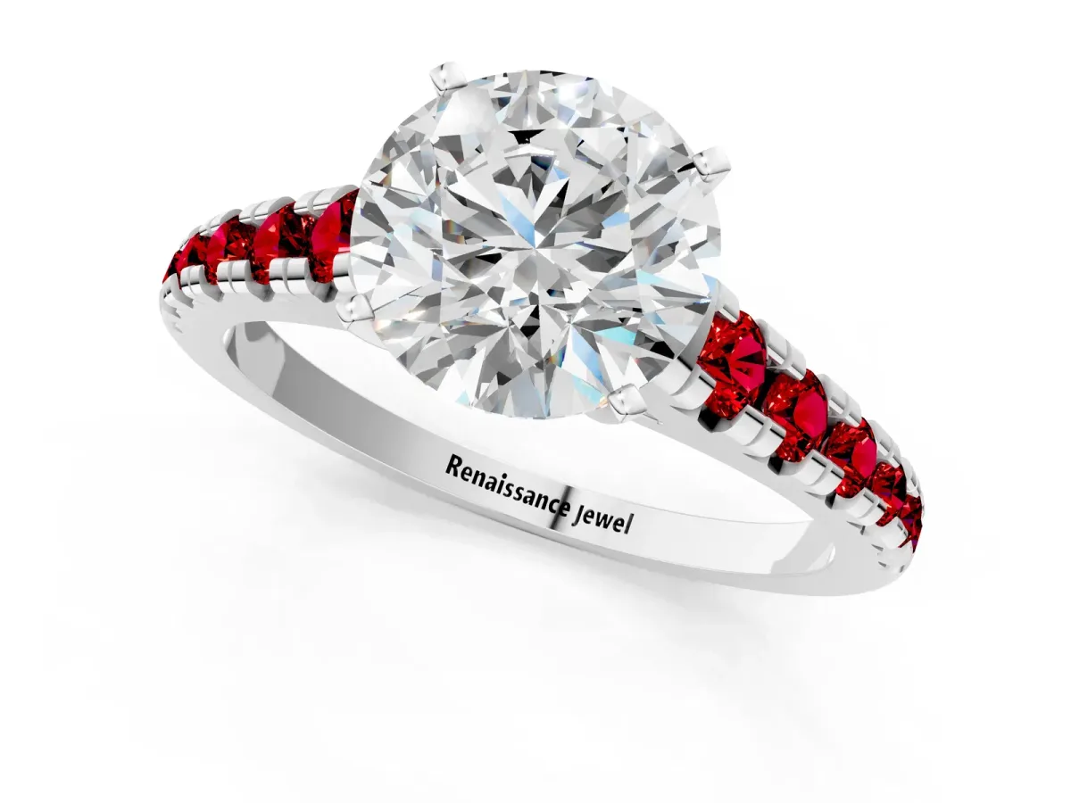 Round Cut Diamond Cathedral Solitaire Ring with Round Ruby Pavé Band White gold