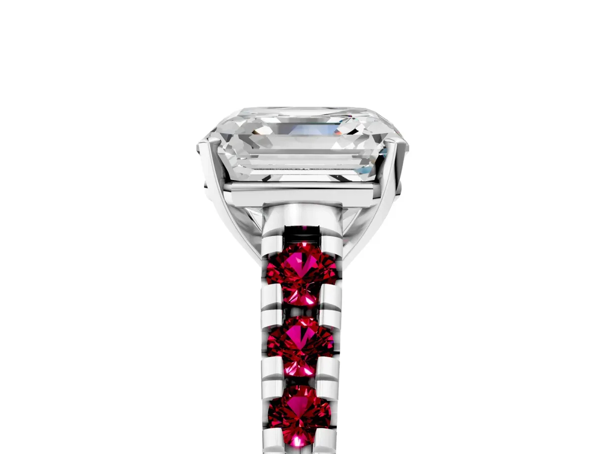 Asscher Cut Diamond Cathedral Solitaire Ring with Round Garnet Pavé Band Silver
