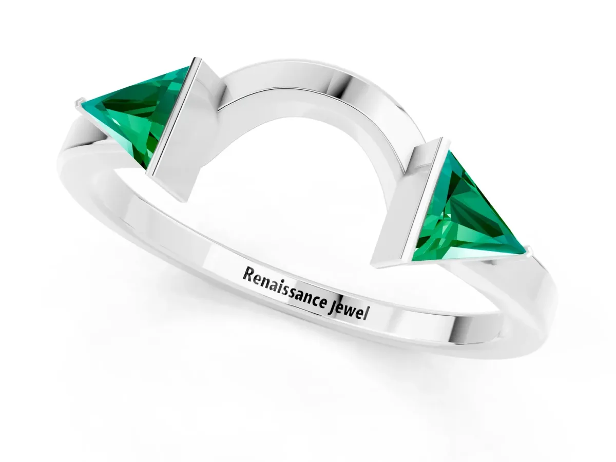Trillion Emerald Open Band Ring with Bezel Setting Silver