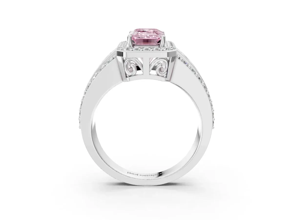 Fancy Pink Emerald Cut Halo Diamond Ring with Round Split Shank and Prong Setting Silver