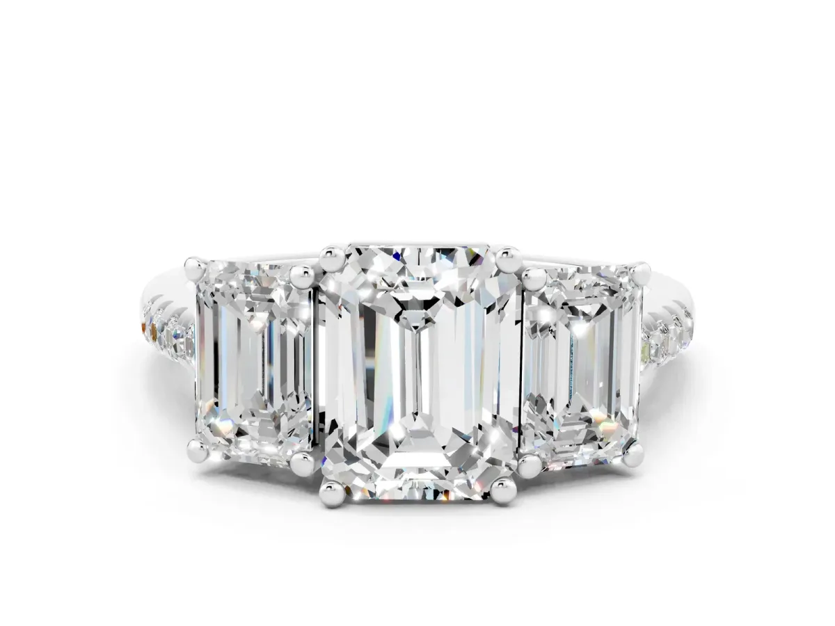 Three-Stone Emerald Cut Moissanite Ring with Round Pavé Band and Prong Setting Silver