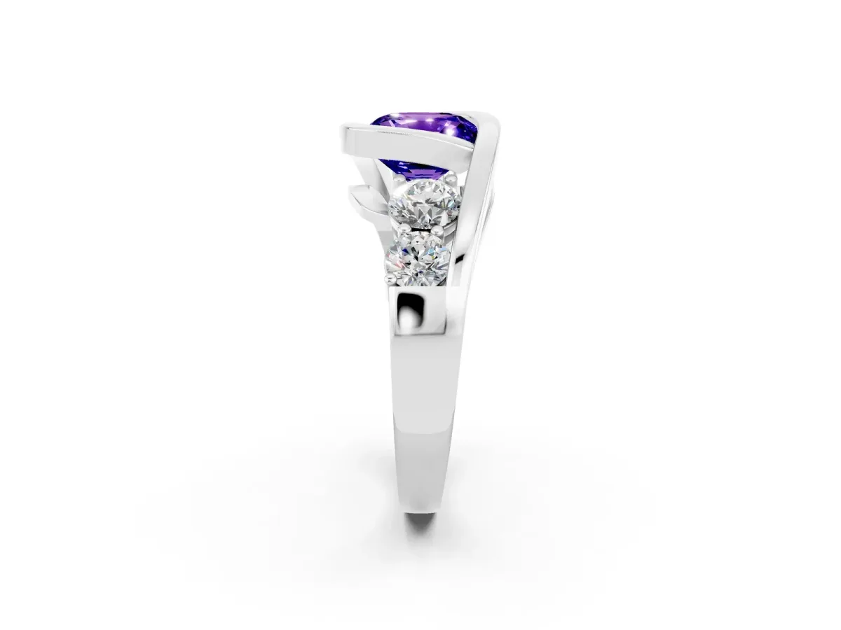 Bezel Set Cushion Cut Tanzanite Bypass Ring with Round Accents Platinum