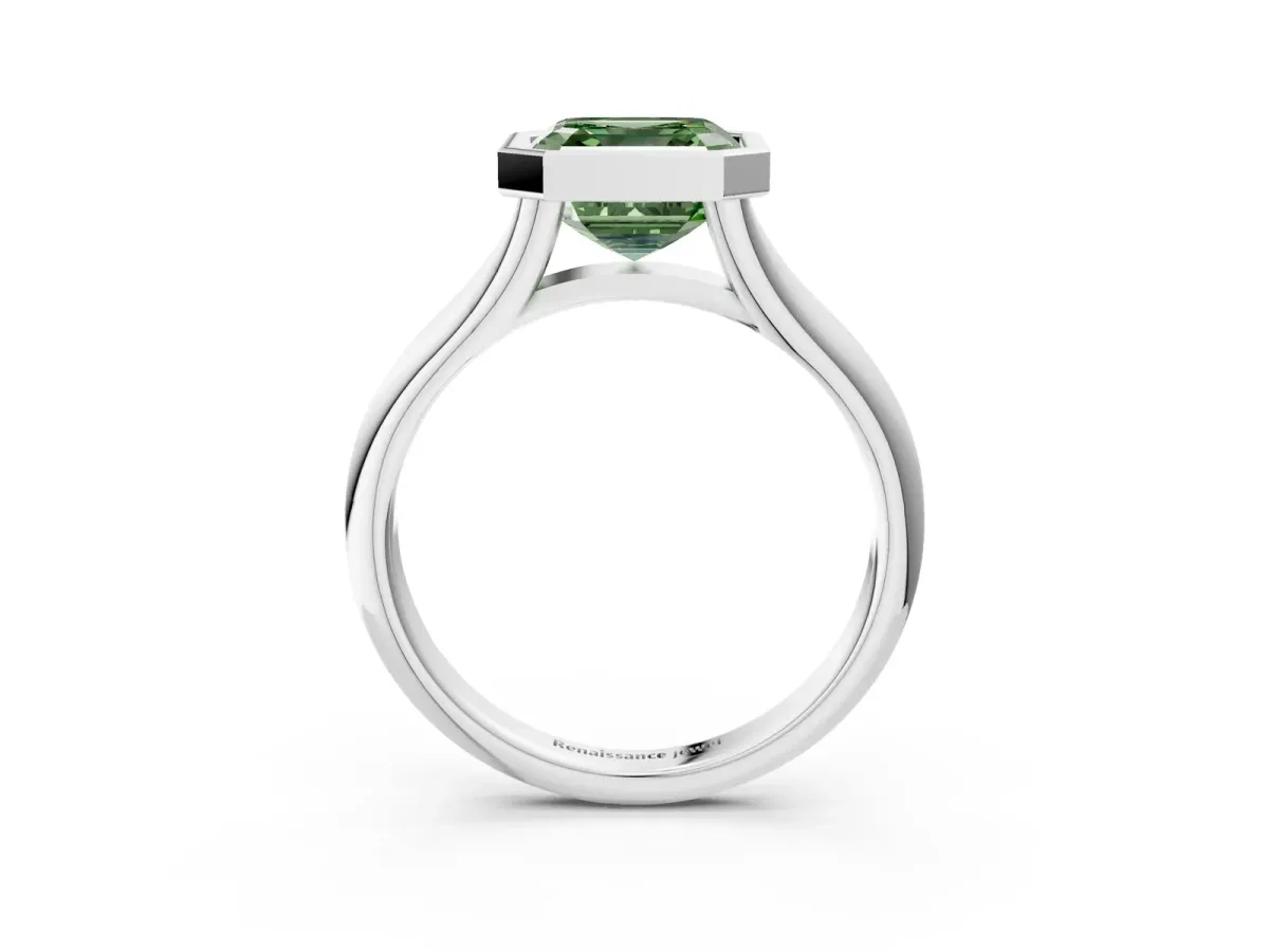 Fancy Green Bezel Set Asscher Cut Solitaire Diamond Ring with Smooth Band Platinum