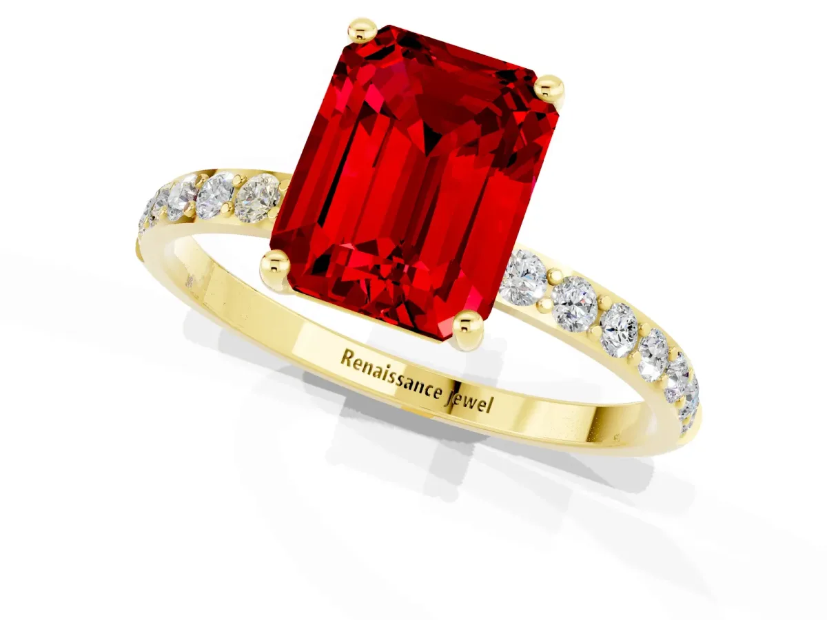 Emerald Cut Ruby Solitaire Ring with Round Pavé Band and Prong Setting Yellow gold