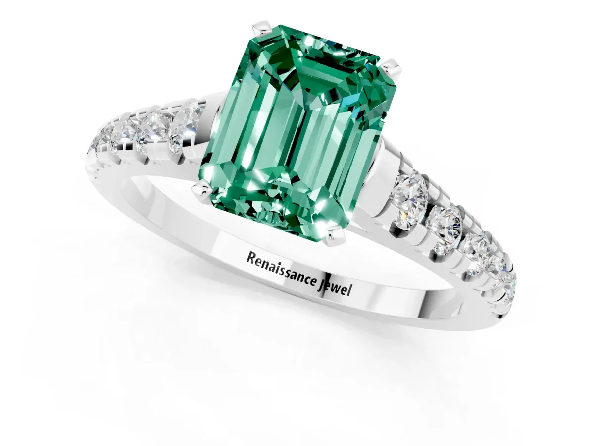 Emerald Cut Green Sapphire Cathedral Solitaire Ring with Round Pavé Band Silver
