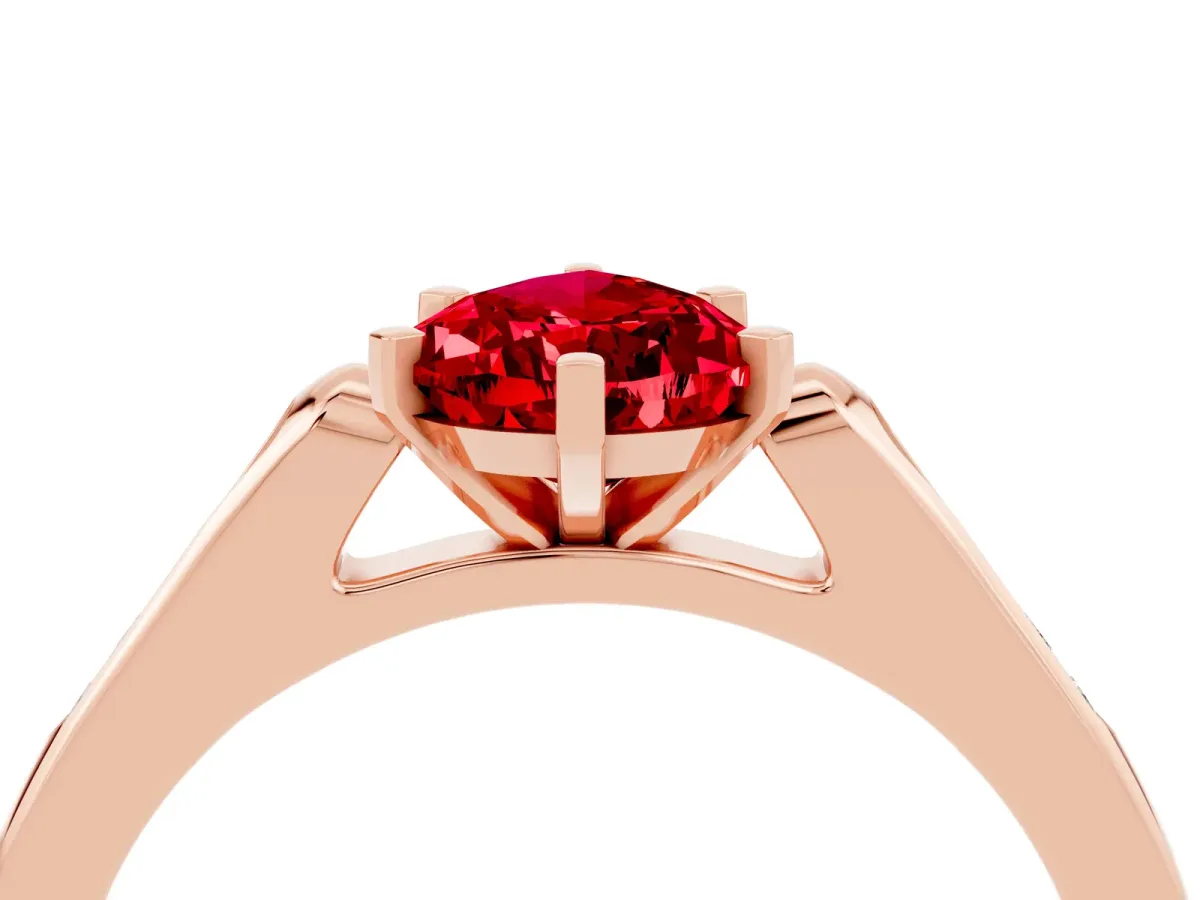 Pear Cut Ruby Solitaire Ring with Channel Set Round Band and Prong Setting Rose gold