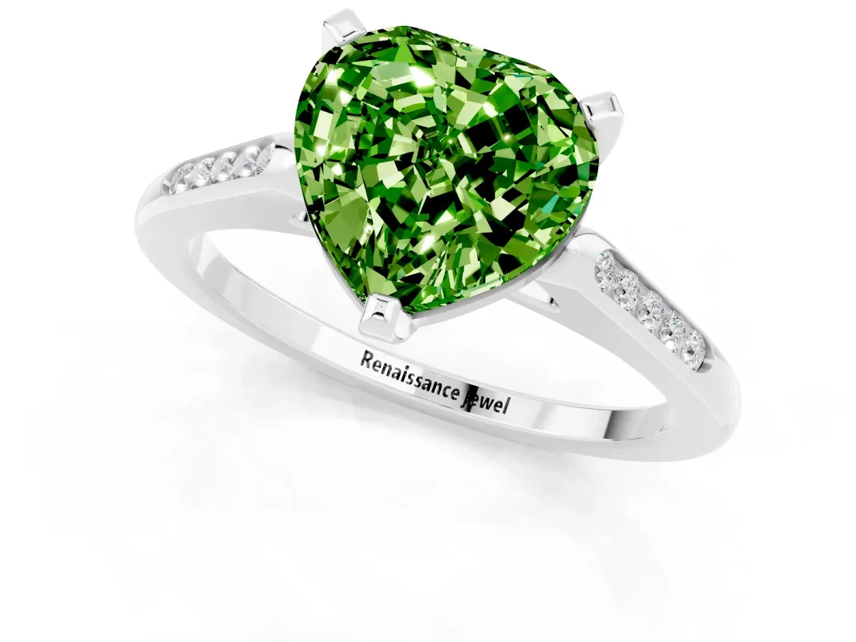Heart Cut Peridot Solitaire Ring with Channel Set Round Band and Prong Setting Silver