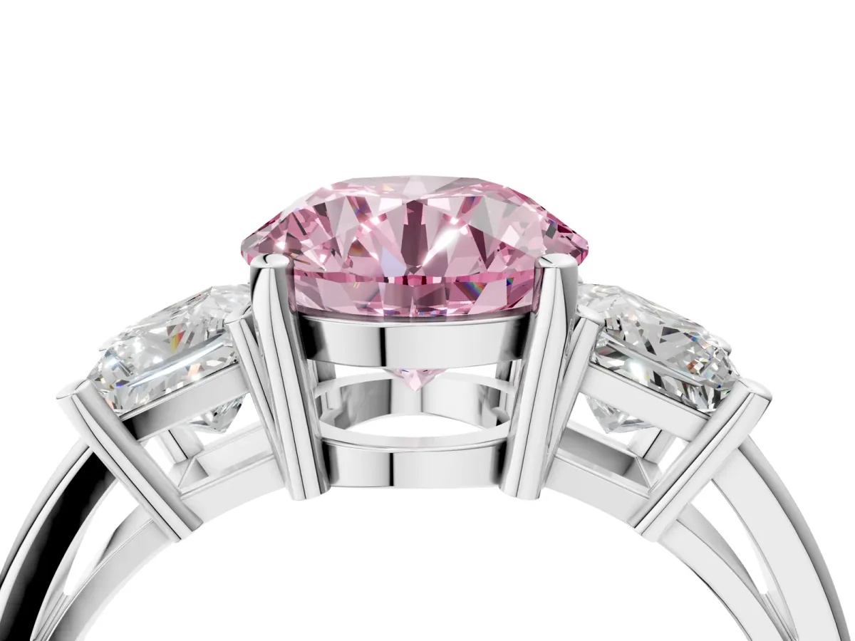 Fancy Pink Three-Stone Round Cut Cut Solitaire Ring with Prong Setting White gold