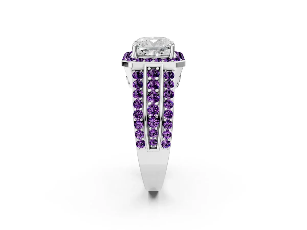 Cushion Cut Halo Diamond Ring with Round Amethyst Split Shank and Prong Setting Silver