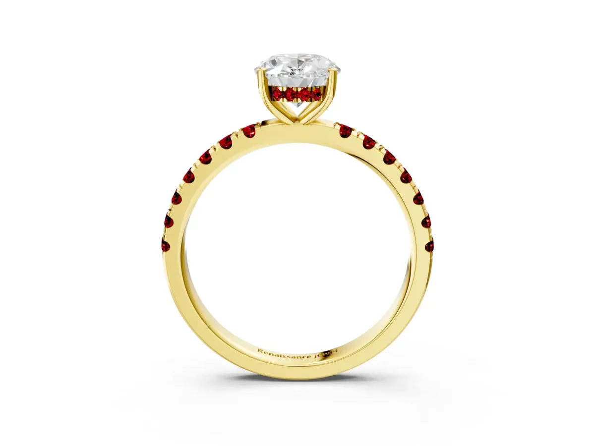 Oval Cut Diamond Pave Band Solitaire Ring with Round Ruby and Prong Setting Yellow gold