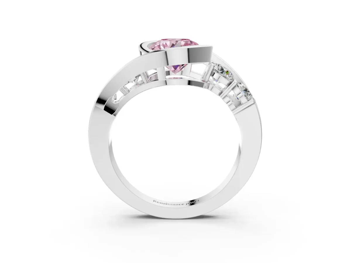Fancy Pink Bezel Set Round Cut Diamond Bypass Ring with Round Accents Platinum