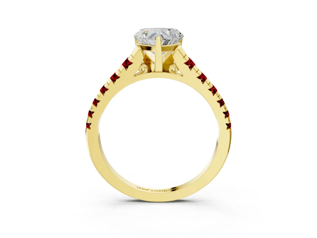 Heart Cut Diamond Cathedral Solitaire Ring with Round Ruby Pavé Band Yellow gold