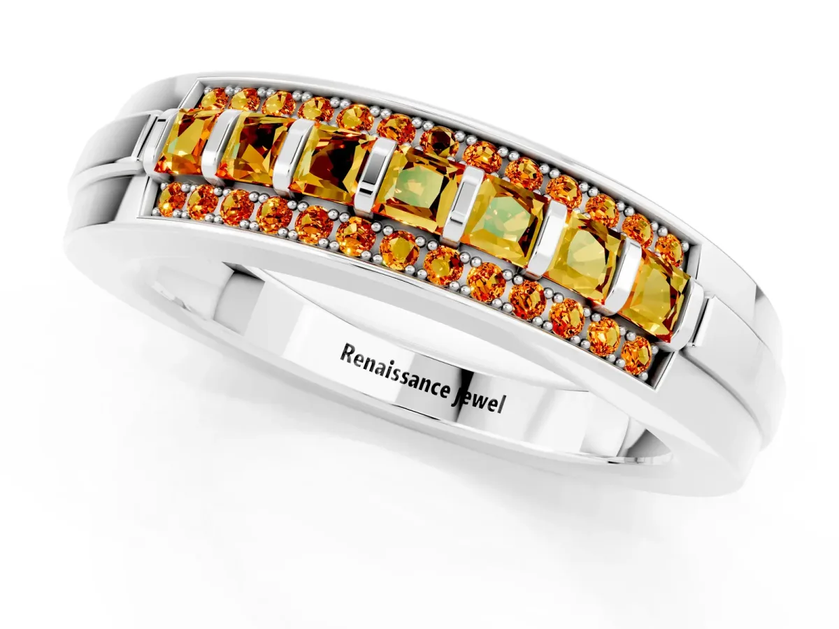Bar-Set Princess Cut Citrine Pavé Band Platinum