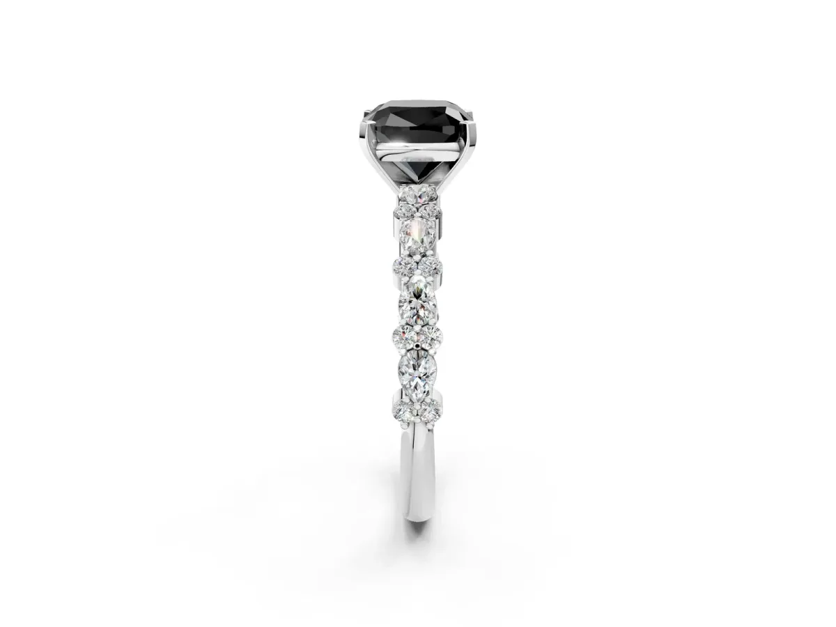 Fancy Black Cushion Cut Diamond Side Stone Solitaire Ring with Round and Four-Prong Setting Platinum
