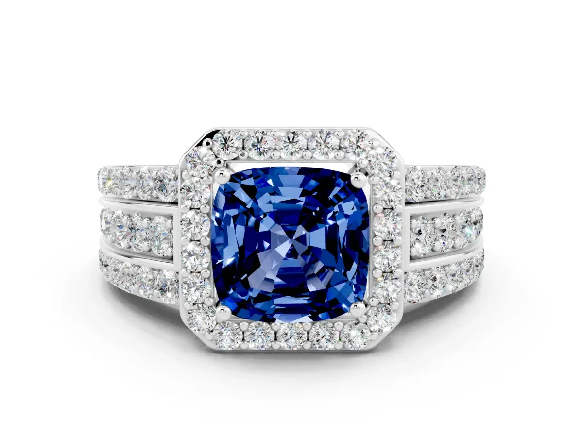 Cushion Cut Halo Blue Sapphire Ring with Round Split Shank and Prong Setting Platinum