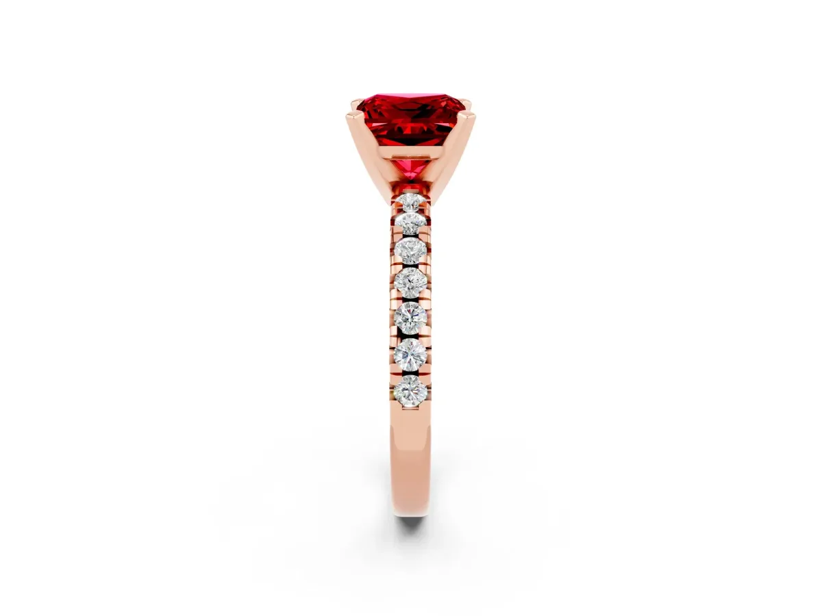 Princess Cut Ruby Solitaire Pavé Engagement Ring with Round Band and Prong Setting Rose gold