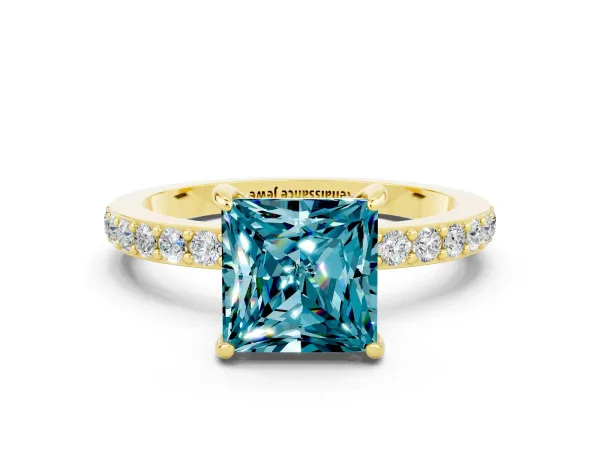 Princess Cut Blue Topaz Solitaire Engagement Ring with Pavé Band and Four-Prong Setting Yellow gold